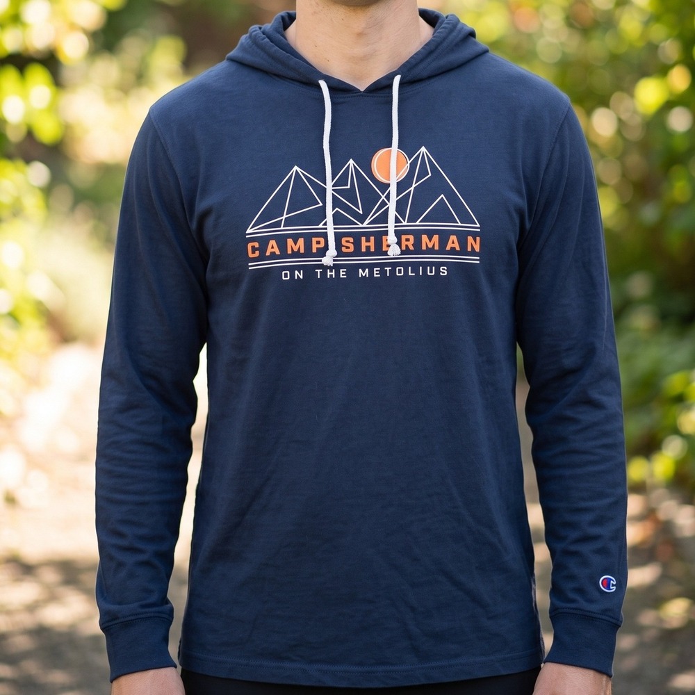 Champion Mens Camp Sherman Metolius Oregon Graphic Hooded Long Sleeve Tee Navy